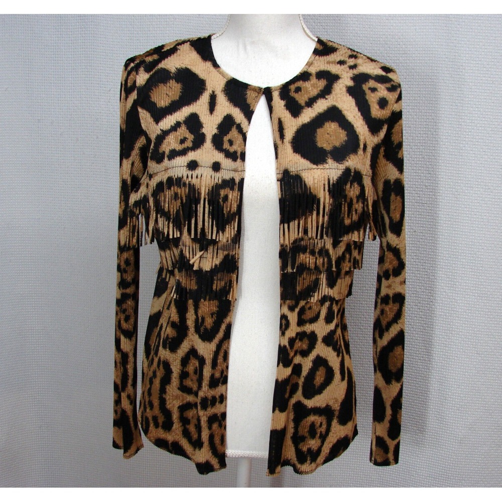 Chicos Collection Size 1 Cardigan Top Leopard Animal Print Stretch Fringe US L